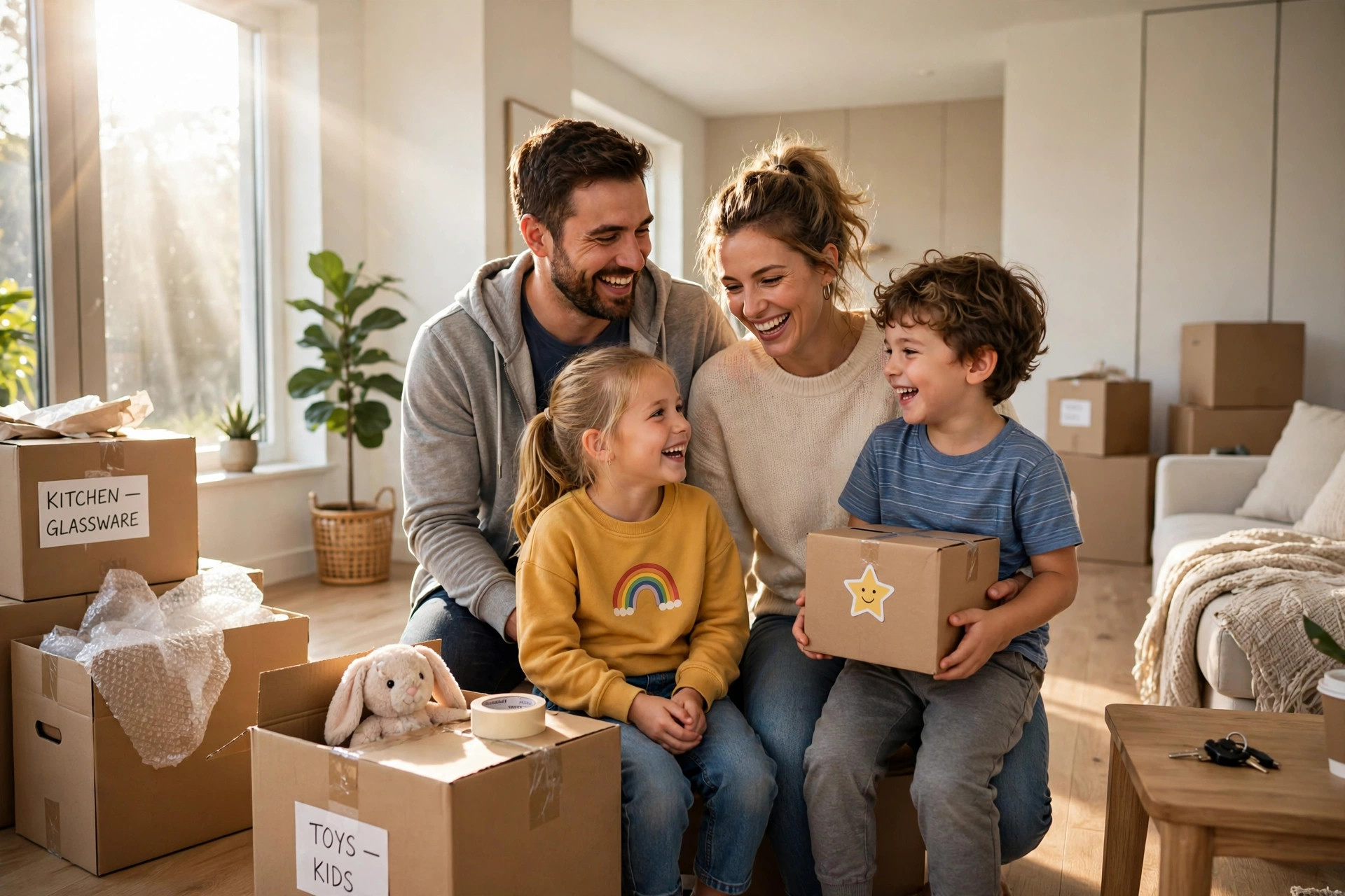 Family settling into a bright new home on moving day